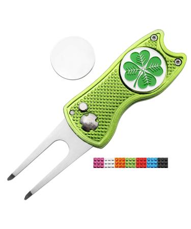 CoverMay Foldable Golf Divot Repair Tool and Golf Ball Markers Set green divot tool-clover marker