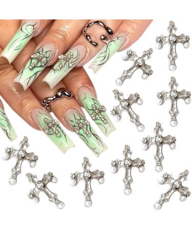10pcs Pearl Alloy Cross Nail Charms for Acrylic Nails 3D Retro Cross Nail Charm Punk Metal Nail Art Charms Silver Cross Charms for Nails DIY Nail Decor Nail Accessories for Women Nail Supplies(Silver)