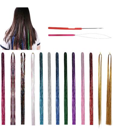 Hair Tinsel Kit 37inch Glitter Hair Tinsel Extensions 13 Colors PET Safe Bright Color Holographic Sparkle Shiny Straight Hair Extensions for Women Girls - Buy Online on GoSupps.com