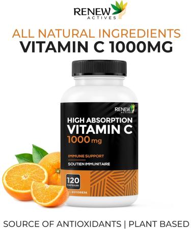 RENEW ACTIVES Maximum Strength Vitamin C 1000MG per Serving Antioxidant & Immune Booster for Overall Health, Bones, Teeth & Gums Non-GMO, Sugar-Free, 4-Month Supply Made in Canada 120 Capsules - Buy Online on GoSupps.com