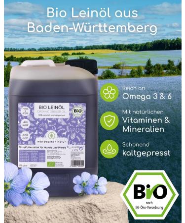 Wolfsbach Organic Linseed Oil for Dogs & Cats Omega 3 & 6 5L Cold Pressed 100% Organic from Germany Feed & BARF Oil Certified De- ko-060 - Buy Online on GoSupps.com