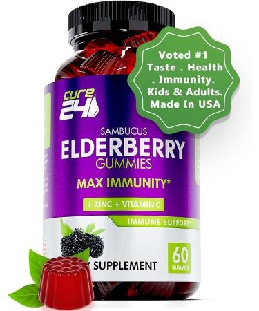 Cure24 Elderberry Gummies with Zinc & Vitamin C - Triple Immune Support - 60 Gummy Chews - Made in USA - Pectin-Based - 1 Pack - Buy Online on GoSupps.com