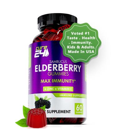 Cure24 Sambucus Natural Elderberry Gummies for Adults & Kids with Zinc and Vitamin C. -Triple Immune Support- Made in USA 60 Gummy Chews  Made with Pectin (1 Pack)