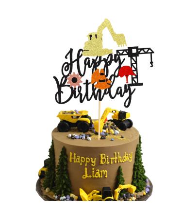 Arthsdite 1Pc Construction Happy Birthday Cake Topper Construction Cake Pick Dump Truck Excavator Tractor Cake Decorations for Construction Theme Baby Shower Kids Birthday Party Supplies - Black