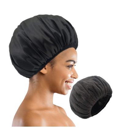 Terry Cloth Lined Shower Cap for Women Large Triple Layer Shower Cap with Dry Hair Function Resuable Waterproof Breathable Bath Cap Black Design