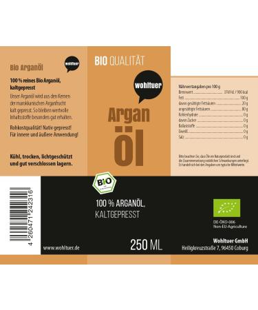 Wohltuer Organic Argan Oil 250ml - 100% Pure Virgin Pressed Fair Trade - Small Farmers Cooperative - Buy Online on GoSupps.com