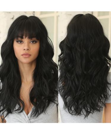 HAIRCUBE Long Black Wigs for Women Synthetic Natural Wavy Hair Wig with Neat Fringe for Daily Black M