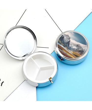 Round Pill Box Travel - Mountain Scenery Print | 3 Compartment Medicine Organizer | Decorative Metal Portable Pill Case - Style-9 - Buy Online on GoSupps.com