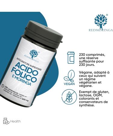 Folic Acid 400 mcg | 230 Vegan Tablets with Unique Organic Moringa | Pregnancy & Vitality Support | Natural Vitamin B9 | 100% Vegan Pregnancy Supplement | Made in Italy | RedMoringa - Buy Online on GoSupps.com