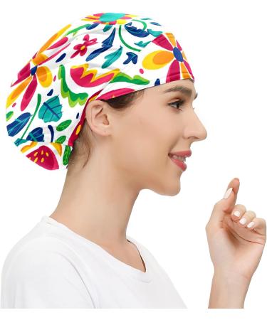 Women's Mexican Flower Leaf Bouffant Cap with Adjustable Elastic Head Cover - Working Scrub Cap for Men - Cotton Sweatband Headwear - Buy Online on GoSupps.com