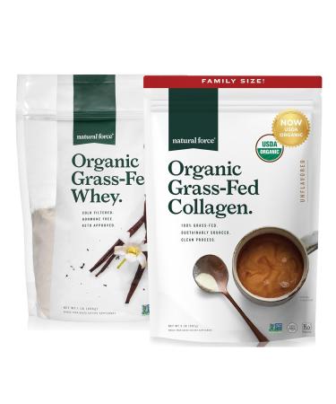 Natural Force Grass Fed Organic Whey Protein Powder Vanilla Flavor 16 oz Organic Clean Collagen Peptides Powder Unflavored 32oz