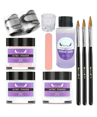 Acrylic Nail kit Acrylic Powder Set Acrylic Powder and Liquid Set for Beginners Nails Kit Acrylic Set for Nail Extension Carving with Acrylic Nail Brush Home (White Pink Clear)