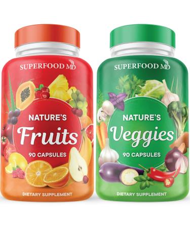 Fruits and Veggies Supplement - 90 Fruit and 90 Veggies Capsules - 100% Whole Natural Superfood - Filled with Vitamins and Minerals - Supports Energy Levels - Made by Superfood MD