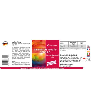 Vitamin trend Vitamin D3 per drop 1000 IU 100 ml High dosage liquid and produced in Germany Cholecalciferol Vitamintrend - Buy Online on GoSupps.com