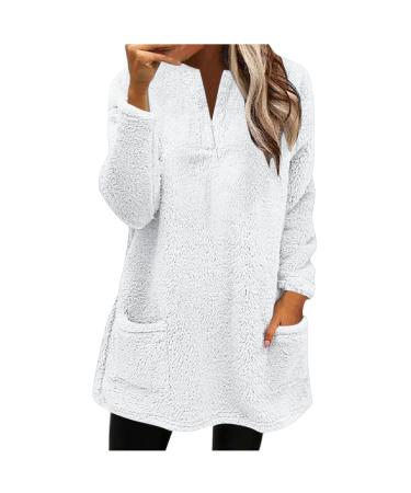 AMhomely Ladies Womens Soft Teddy Fleece Hooded Jumper Plus Size Double Fleece Casual Hoodies With Pocket V Neck Soft Fleece Hooded Sweatshirts Plain Pullover Tops Winter Lightweight Lounge Tops 02 White XXL