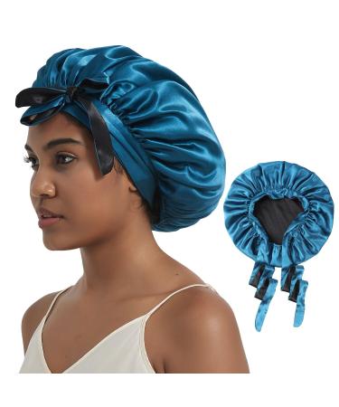 Hat Hut Satin Bonnet Silk Bonnet for Sleeping Cap for Curly Hair Bonnet for Women Double Layer Reversible Bonnet with Tie Band One Size Blue