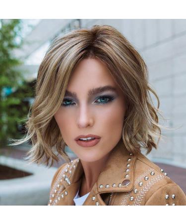 Nayun briefly bob curly wig ombre brown synthetic wig to the woman dark root to brown wavy middle separate heat resistant wig 12 "120g