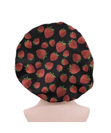 HUGS IDEA Fruits Strawberry Design Satin Bonnet Sleep Cap Soft and Comfortable Double Layer Reversible Adjustable Band Head Cover Night Sleeping Caps Red Strawberry