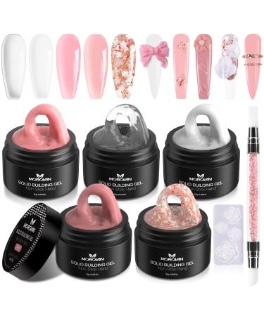 Morovan Solid Builder Nail Gel Kit- 5 Colors Hard Gel for Nails Solid Gel Builder Sculpture Gel Non-Sticky Modeling Gel Nail Extension Kit with 3D Silicone Mold Pen for Carving Nail Art Salon Home Use