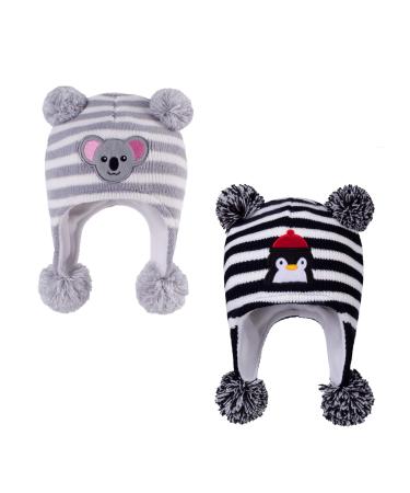 LANGZHEN Toddler Kids Infant Winter Hat Earflap Knit Warm Cap Fleece Lined Beanie for Baby Boys Girls 2-4 Years Penguin -Black Stripe+koala -Grey Stripe