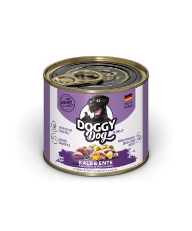 Doggy Dog Paté Veal and Duck, 6 x 200 g, Wet Dog Food, Grain Free, with Salmon Oil and Green-lipped Mussel, Complete Food with Potatoes and Parsnips, Made in