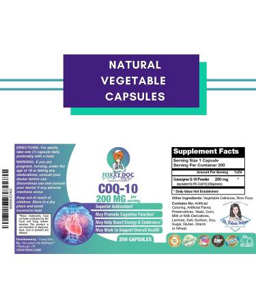 Foxxy Doc CoQ10 200mg - 200 Caps - Non-GMO Supplement for Brain, Heart, Muscle & Cells - Best Price - 6.5 Month Supply - Buy Online on GoSupps.com