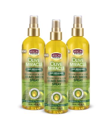 African Pride Olive Miracle Braid Sheen Spray (3 Pack) with tea tree oil and olive oil to protect and moisturize scalp and hair.12oz. 12 Fl Oz (Pack of 3)