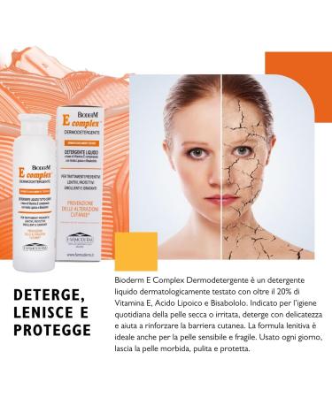  BIODERM BIODERMOCOSMETICI Bioderm E Complex Dermodetergent - Liquid Cleanser with Vitamin E Lipoic Acid and Bisabolol | For Dry Sensitive or Thickened Skin | Daily Hygiene | 250 ml - Buy Online on GoSupps.com
