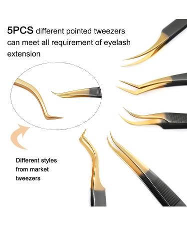 5-Piece Eyelash Extension Tweezers Set for Professional Lashes - Curved Tip Precision Tweezers for Volume Fans, Black Gold - Buy Online on GoSupps.com