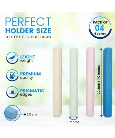 4 Pack Toothbrush Covers & Cleaning Brushes - Portable 8" Travel Toothbrush Cases in 4 Colors - Ideal for Vacations School & Dorm - Pack of 6 - Buy Online on GoSupps.com