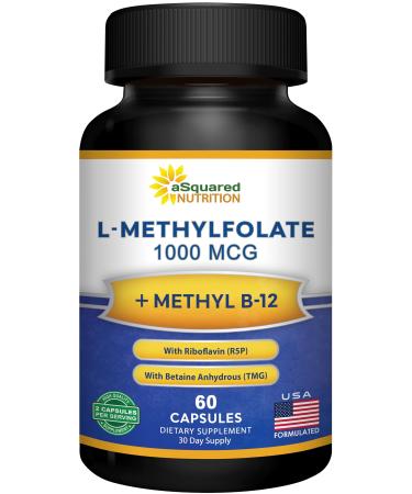 aSquared Nutrition L Methylfolate Plus Methyl B12 - Methylated Folate Supplement for Women & Men - 5-MTHF (Active Vitamin B9) 1000 mcg & B-12 1mg - B Complex - 60 Capsules