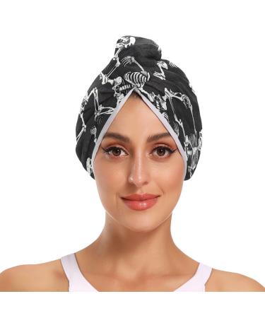 Skeletons Black Hair Towel 2 Pack Super Absorbent Hair Drying Towel Quick Dry Hair Turbans Head Towel with Button Twisty Wrap for Women Girls