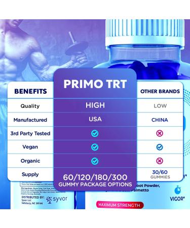 (3 Pack) Primo TRT Gummies for Men Official Primo TRT Male Performance Gummys with Maximum Strength Ingredients Advanced PrimoTRT Male Health Support Supplement with Premium Vitamins (180 Gummies) - Buy Online on GoSupps.com