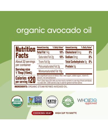 Nutiva Organic Steam-Refined Avocado Oil 16 Fl Oz - 100% Pure, USDA Organic, Non GMO - Ideal High-Heat Oil for Cooking, Frying - Whole 30, Keto, Paleo Approved - Neutral Flavor - (1 Pack) - Buy Online on GoSupps.com