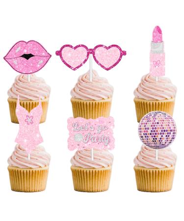 18pcs Hot Pink Lip Disco Lipstick Glitter Dessert Cupcake Topper Cheer to Movie Princess Girl Makeup Theme Decor Pick for Birthday Anniversary Wedding Party Decoration Supplies