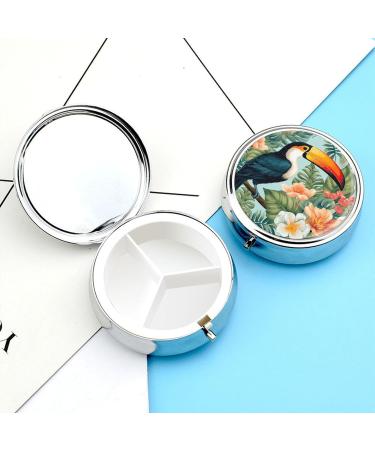 Round Pill Box with Tropical Flower Bird Print | 3 Compartment Portable Medicine Organizer | Decorative Metal Pocket Pill Case - Style 28 - Buy Online on GoSupps.com