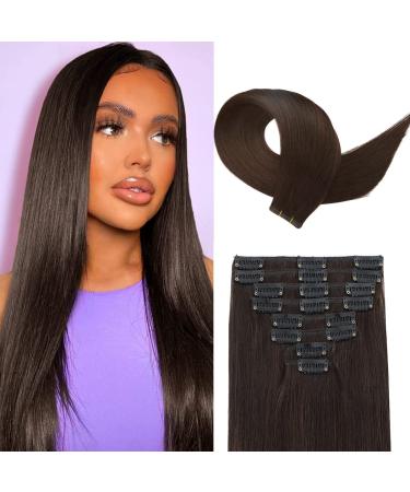 Clip in Hair Extensions Real Double Weft Straight 100% Brazilian Virgin Human Hair 8pcs 65g with 18clips Per Pack for Women (2 Dark Brown 16 Inch) 16 Inch 2 Dark Brown