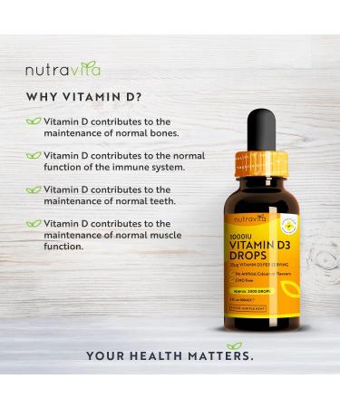 Nutravita Vitamin D3 Drops 60ml | 2000 Drops | 1000IU per Drop | Liquid Supplement for Bones, Immune System & Calcium Absorption - Buy Online on GoSupps.com