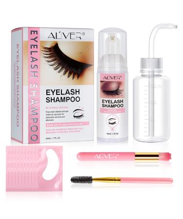50ml Eyelash Foam Shampoo +10 Pcs Hydrogel Eye Patches+Mascara Brush + Cleaning Brush+ Rinse Bottle, Gentle & Friendly Lash Cleanser, Lash Bath, Eyelash Makeup Clean Just Needs 1-2 Minutes (Set A)