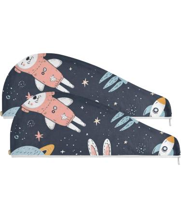 Space Rabbit Astronauts Hair Towel 2 Pack | Super Absorbent Quick Dry Hair Turbans for Women & Girls - Buy Online on GoSupps.com
