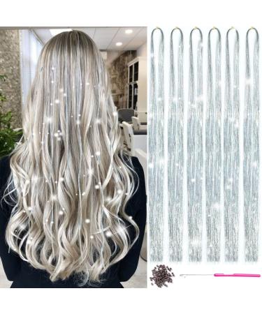 Silver Hair Tinsel Kit With Tool Hair Tinsel Heat Resistant Fairy Hair Glitter Hair Extensions 6Pcs 1200Strands  Sparkling Shiny Hair Tinsel Tensile Hair Extensions for Women Girls (Silver)