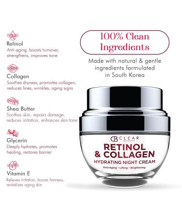 Clear Beauty Collagen & Retinol Night Cream - Firms, Hydrates & Smooths Fine Lines - Face Moisturizer For Dry Skin, Vegan, Clean Beauty - Korean Skin Care, Dermatologist Tested - 1.69 Fl Oz Retinol & Collagen - Buy Online on GoSupps.com