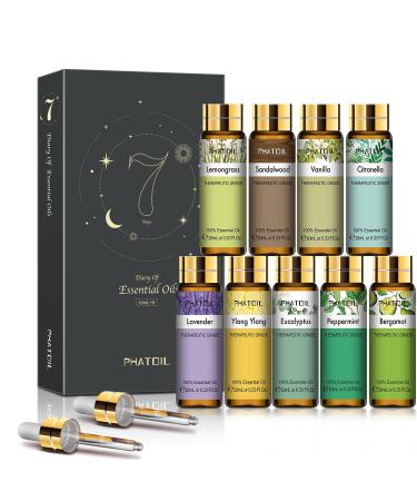 PHATOIL 9PCS Essential Oils Gift Set, 10ml/0.33fl.oz Scented Oils for Soap, Candle Making, Premium Quality Essential Oils for Diffuser, Humidifier, Massage Bergamot 0.33 Fl Oz (Pack of 9)