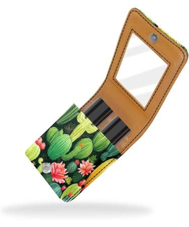 Travel Lipstick Organizer Case - Portable Makeup Bag with Mirror - Cactus Green Cacti Design - Buy Online on GoSupps.com