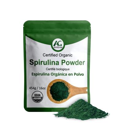 Aimgrow Organic Spirulina Powder Protein-Rich Spirulina for Eye Skin and Immune Health Canada Organic Non-GMO and Gluten-Free 454 Grams