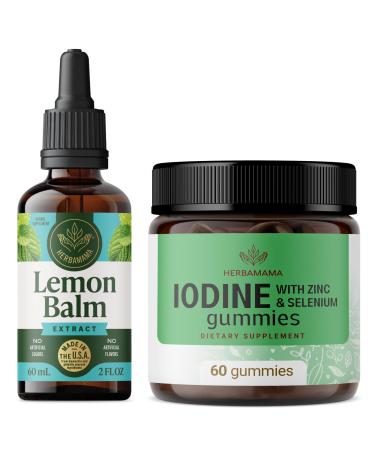 HERBAMAMA Lemon Balm and Iodine Kit - Bundle of Lemon Balm Tincture 2 Fl Oz & Potassium Iodine Gummies 60 - Vegan Non-GMO Alcohol & Gelatin-Free - 2 Pack