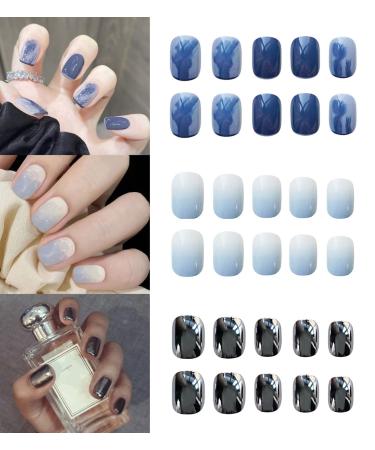 Artquee 3 Packs 72pcs Press on Nails Set Extra Short Squoval Fake Nail Art Designs False Nails with Glass Nail File Sturdy Stick on Nails Tips for Women and Girls (Short Mini Set-3)