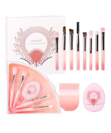 Travel Makeup Brush Set 10 Pcs Mini Makeup Brushes Set with Case Foundation Powder Blending Concealer Eye shadows and Powder Puff Blush Make Up Brushes Pack Brush Set Make Up Gift Option (Pink)