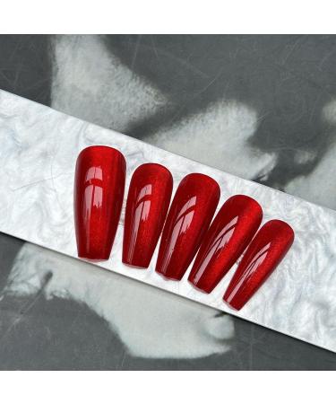 Wine Red Cat Eye Press on Nails | Medium Coffin Gradient Fake Nails | Shiny Acrylic Full Cover | Valentine's Day Manicure - Buy Online on GoSupps.com