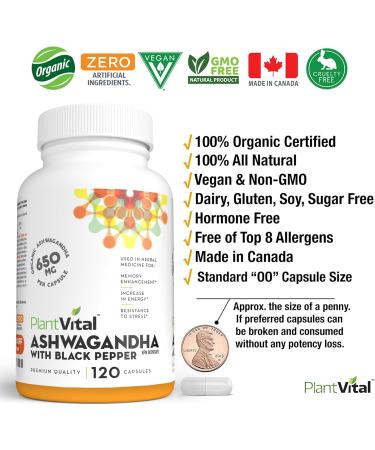 PlantVital Organic Ashwagandha Supplement with Black Pepper - 1300mg (two caps) Ashwagandha Capsules for Stress Relief Energy Increase Sleep Aid & Memory Support - 120 Vegan Ashwagandha Supplements 1 Bottle (2 Months Supply) - Buy Online on GoSupps.com